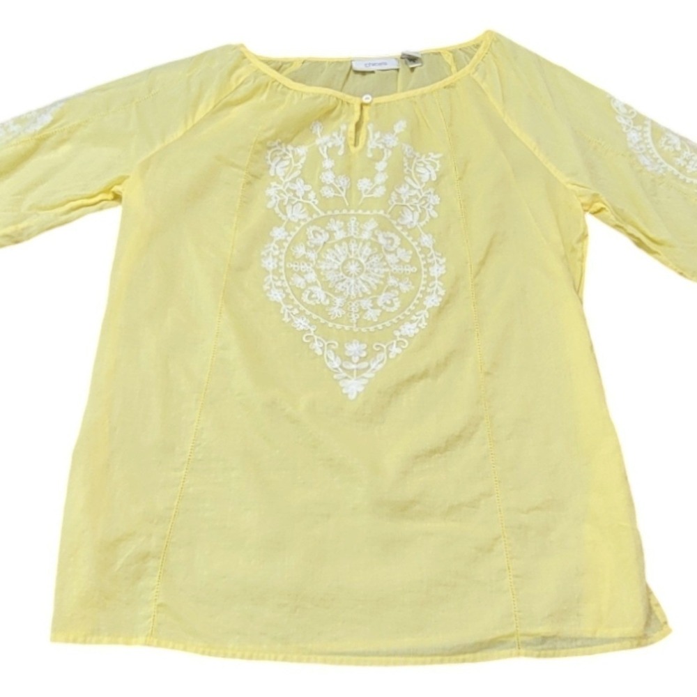 Chico's Blouse Womens 0/S Yellow Cotton Embroidered Peasant Boho 3/4 Sleeve Top‎